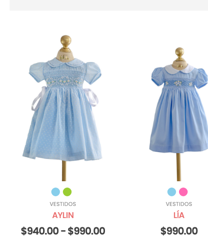 Catálogo de niñas en kukita.mx, con los vestidos AYLIN y LÍA y su precio.