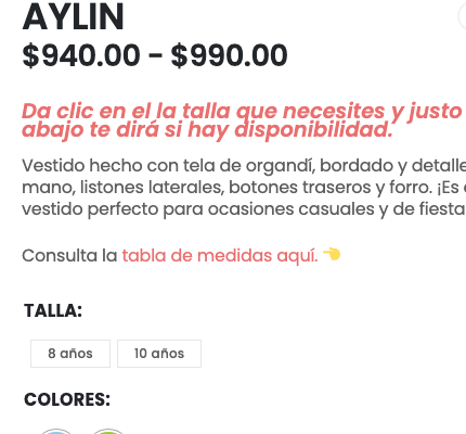 Página de producto AYLIN en kukita.mx: aviso 'Da clic en la talla que necesites y justo abajo te dirá si hay disponibilidad' sobre los botones de talla.