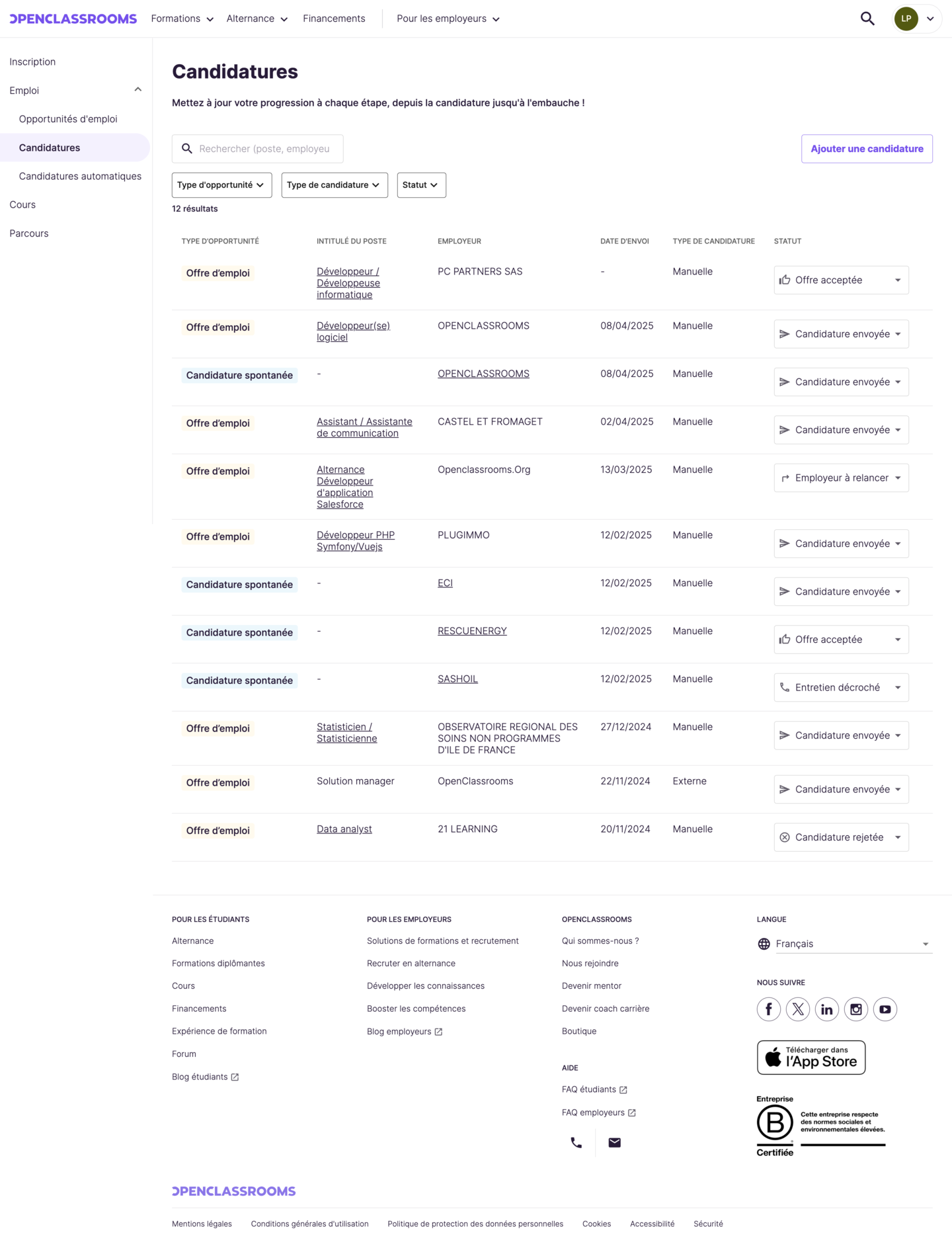 Dashboard de seguimiento de candidaturas del estudiante.